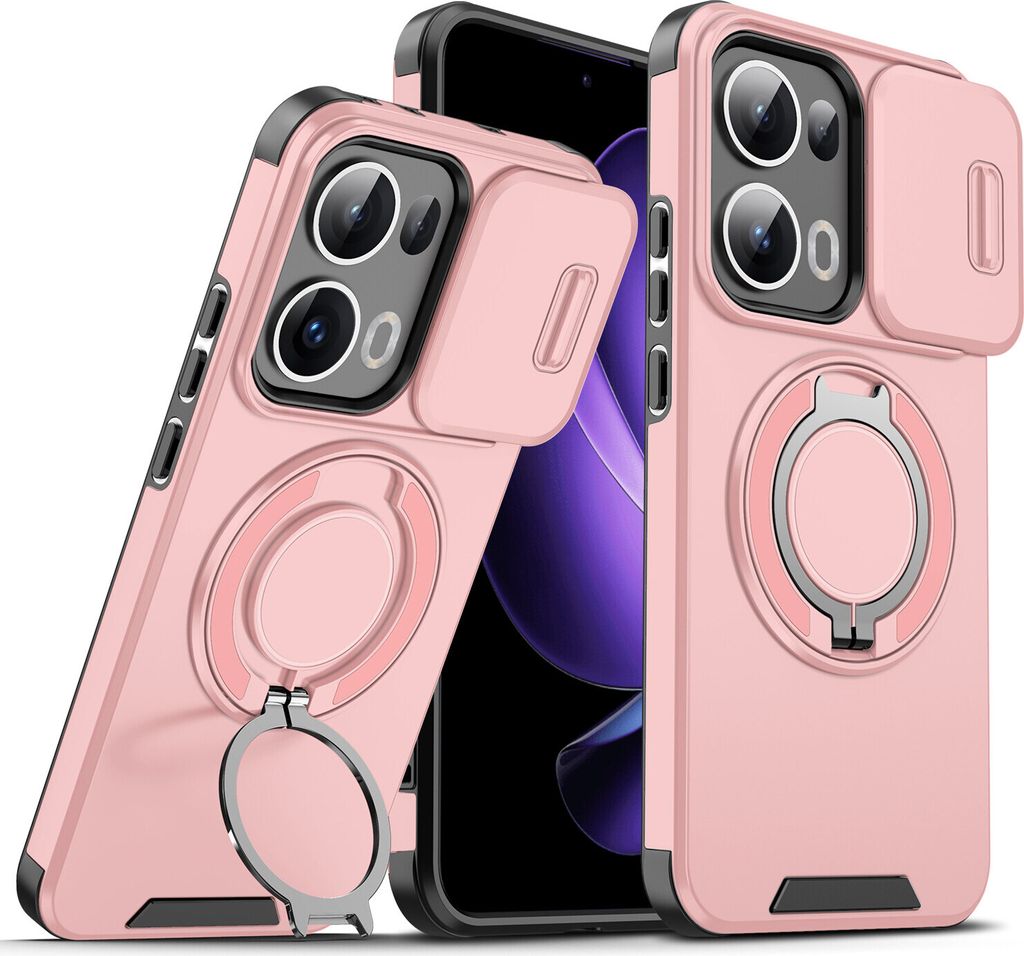 Handyhülle für Oppo Reno13 Pro Dual-Layer Stoßfest Militär Hülle mit Dia Kameraschutz und Magnetisch Ring Ständer Pink