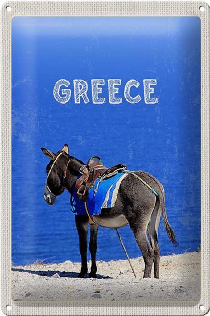 Blechschild Reise 20x30cm Greece Griechenland Esel Blick Meer