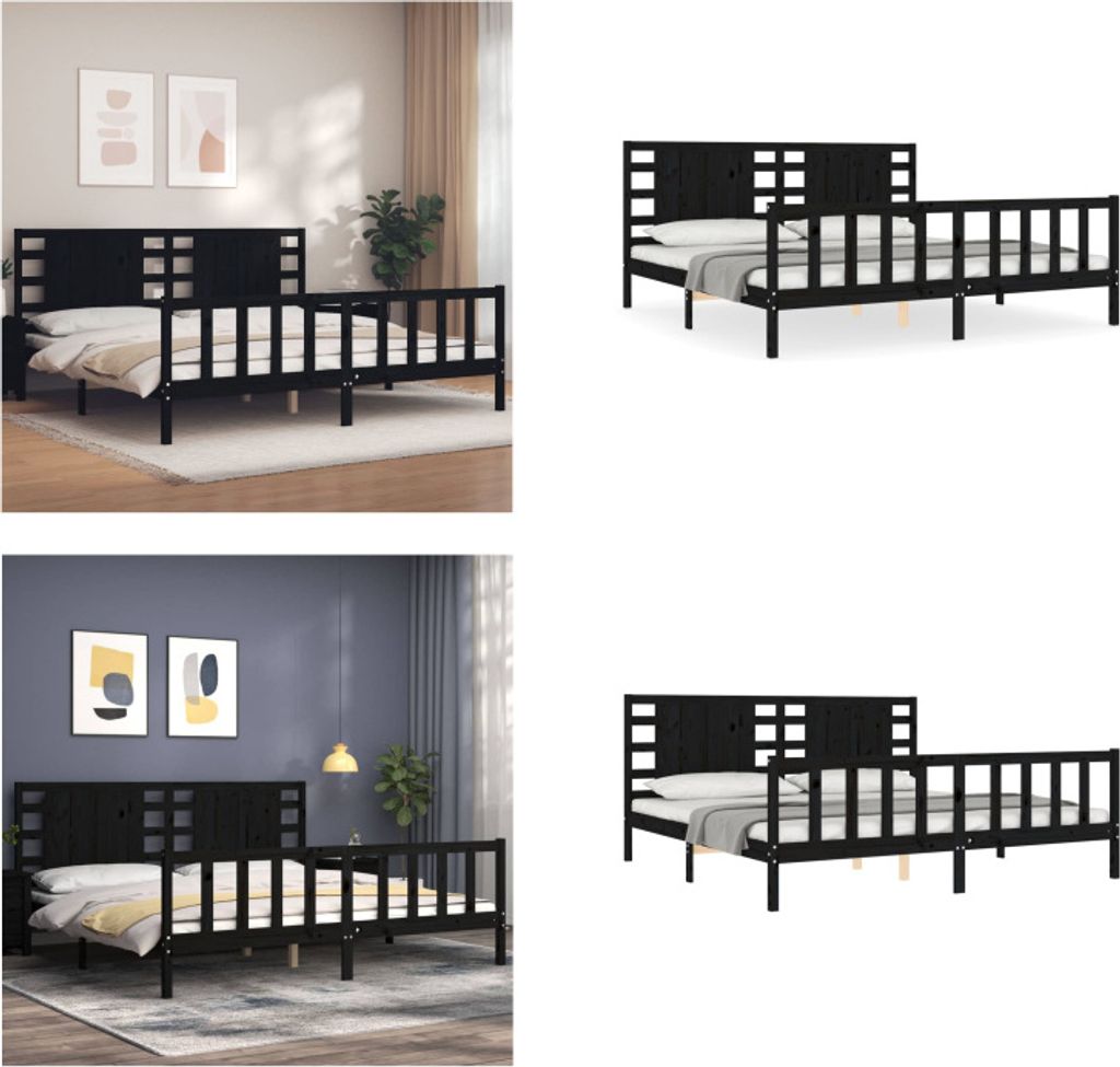 vidaXL Massivholzbett mit Kopfteil Schwarz 200x200 cm - Bettrahmen - Bettgestell - Bett - Doppelbett