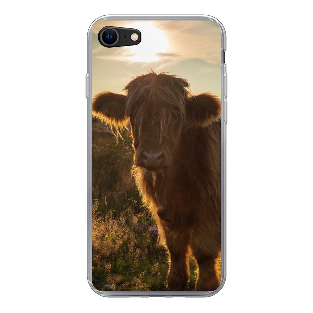 MuchoWow Handyhülle Schutzhülle Hülle für iPhone 8 Schottischer Highlander - Sonnenuntergang - Gras Silikon Softcase Handy Hülle - Schutzhaube