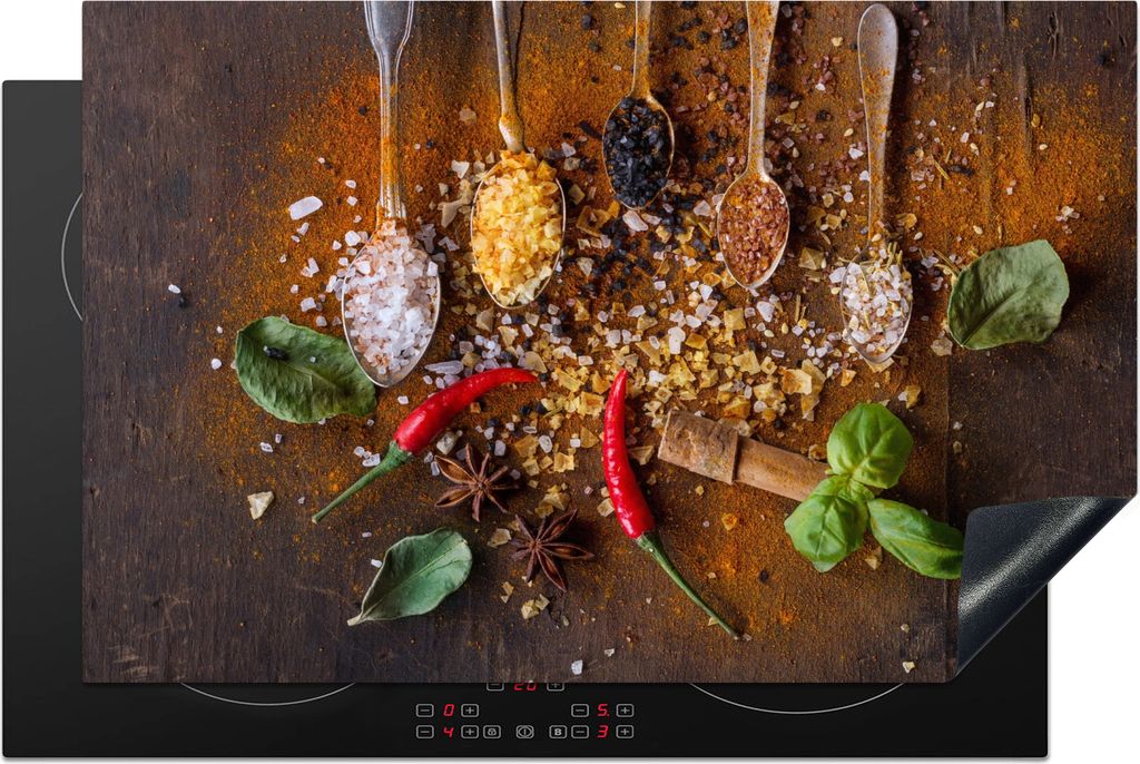 KitchenYeah Herdabdeckplatte Löffel - Kräuter - Chili - Gewürze - Salz , 80x52cm, Küche Deko, Glaskeramikkochfeld Herdabdeckung, Abdeckplatte...