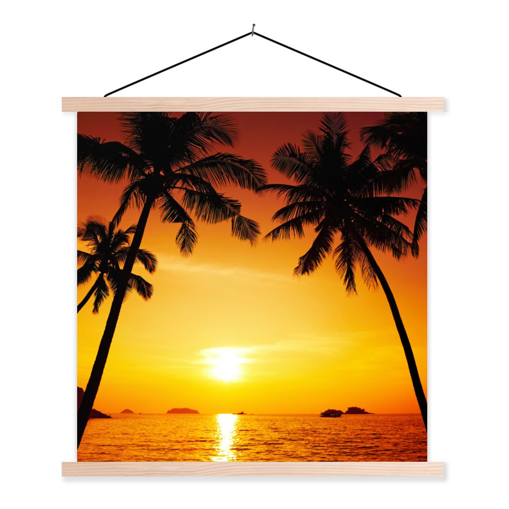 MuchoWow Textilposter Palme - Sonnenuntergang - Strand - Orange - Tropisch 40x40 cm mit holzfarbenen Rahmen - Posterleiste