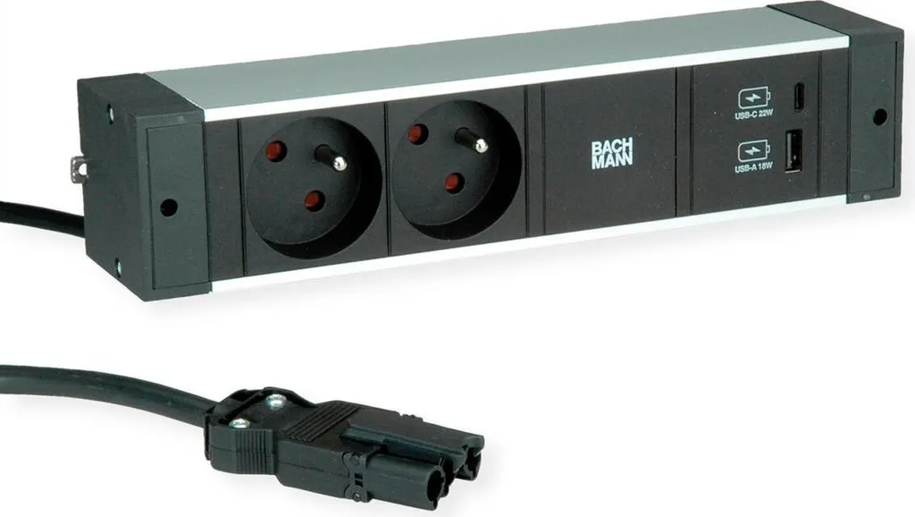 Prise de Bureau Bachmann 22W USB A+C et 2 Prises avec Câble de 2,0m