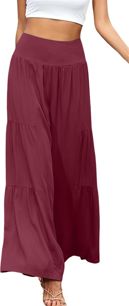 ASKSA Damen Leinenhose Sommer Elegant Hohe Taille Weites Bein Freizeithose Leichte Hosen, Weinrot, Groesse: L