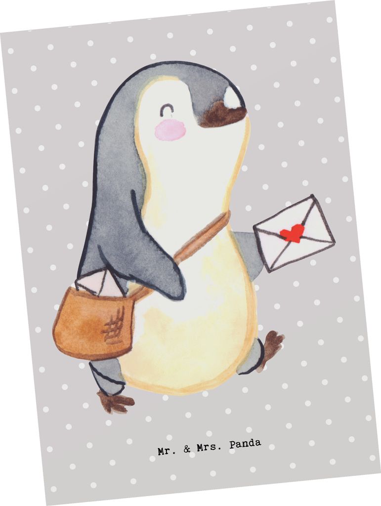 Mr. & Mrs. Panda Postkarte Postbote Herz - Grau Pastell - Geschenk, Briefträger, Postkarten, Ansichtskarten, Briefzusteller, Botschaft, Grußkarte...