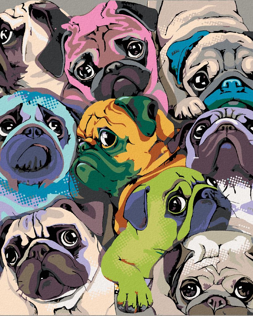 Zuty - Malen nach Zahlen - FARBIGE MÖPSE, 40x50 cm, mit Keilrahmen (bereits gespannt)