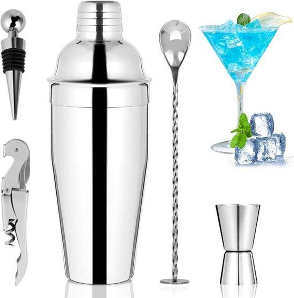 Cocktail-Mix-Set, 5-teilig, rohstahl, Cocktail-Shaker-Set, Maßbeker und Barlöffel, 750 ml, Bar-Set für zu Hause