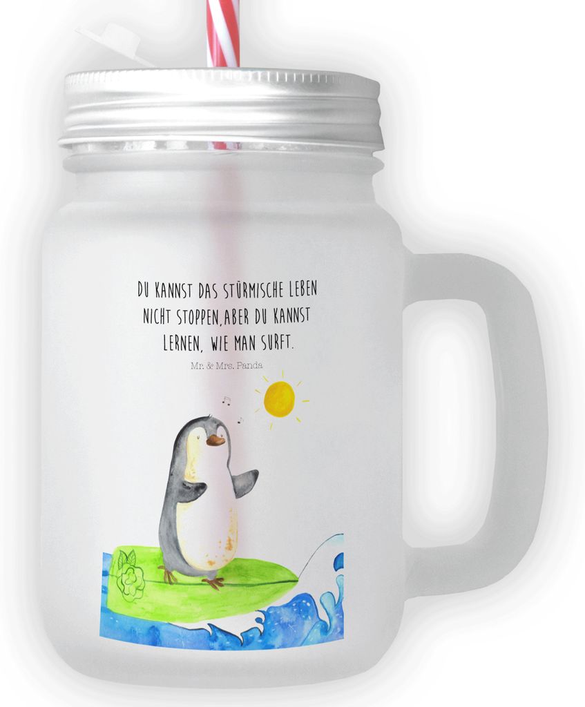 Mr. & Mrs. Panda Cocktailglas Pinguin Surfer - Transparent - Geschenk, Eiskaffee Glas, Optimistisch, Trinkglas, mit deckel, Becher, Hawaii, Portuga...