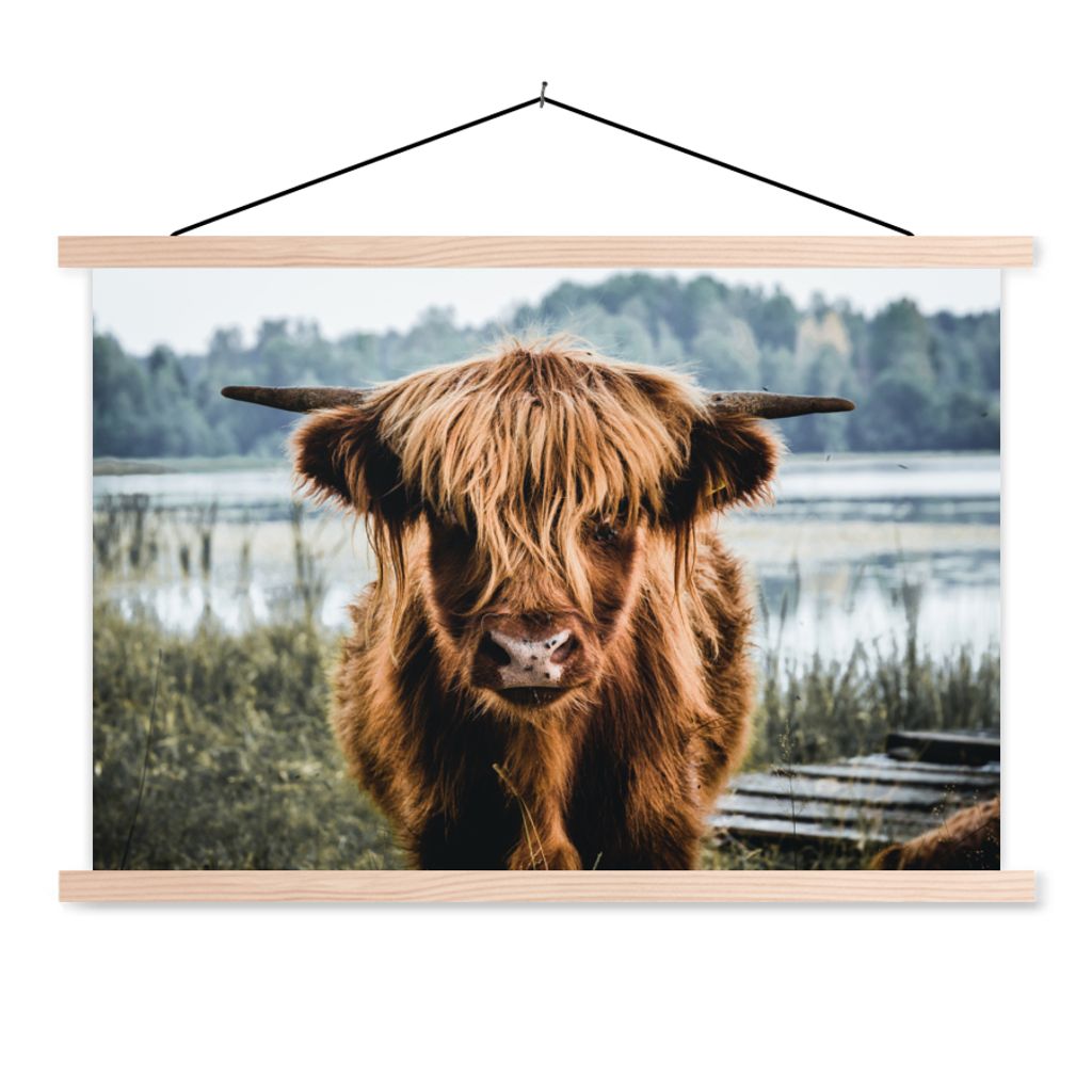 MuchoWow Textilposter Kühe - Schottische Hochlandbewohner - Braun - Natur 60x40 cm mit holzfarbenen Rahmen - Bilder