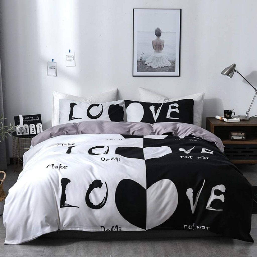 Bettwäsche 200x200 cm Paare Liebe 3 Teilig Schwarz und weiß Bettwäsche Set mit Reißverschluss-Love Bettbezug und Kissenbezug 80x80 cm (Love,200...