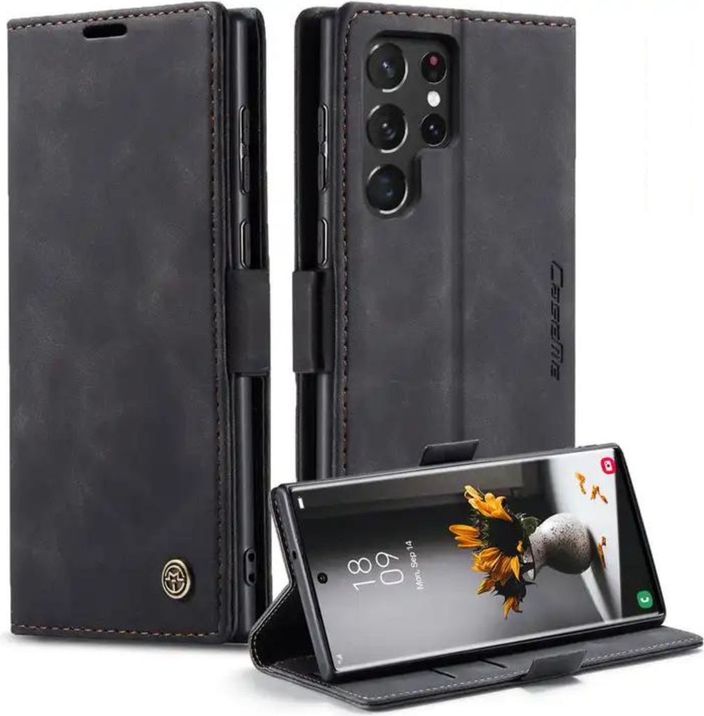 Handy Hülle Samsung Galaxy S23 Ultra Book Case Schutzhülle Tasche Slim Flip Cover Etui schwarz Lederoptik