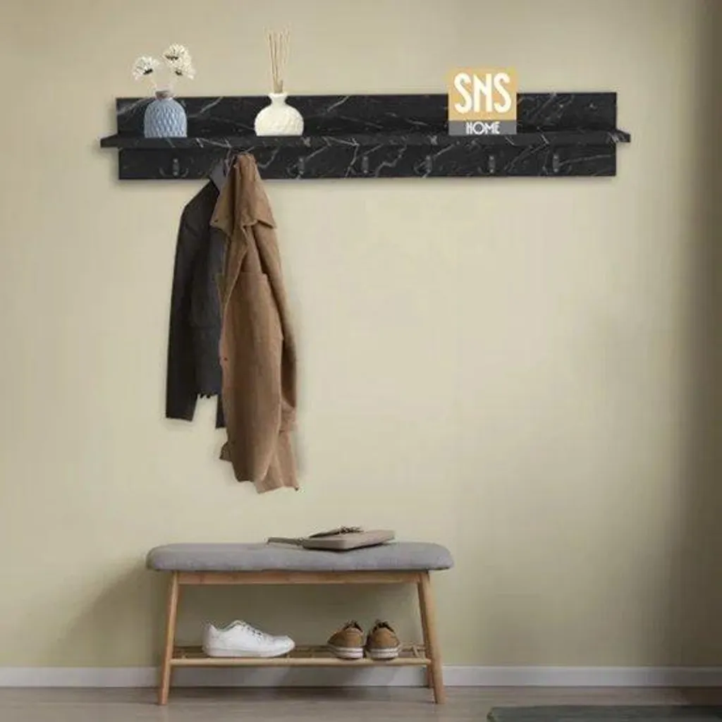 Porte-manteau mural étagère 14 crochets 106 cm noir aspect marbre chic