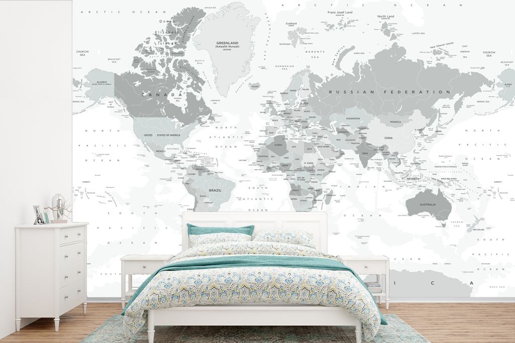 MuchoWow Fototapete für Wohnzimmer oder Schlafzimmer Wandtapete Vinyl Motivtapete Weltkarte - Weiß - Grau - Erde - 525x350 cm - Kindertapete - ...