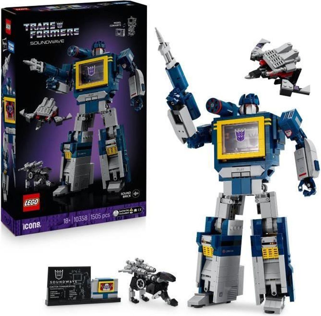 LEGO Icons Transformers: Soundwave, Bauset für Erwachsene, Modellbausatz, mit Ravage und Laserbeak
