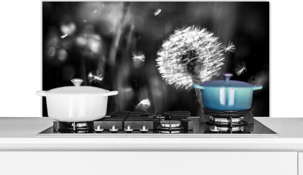 KitchenYeah Spritzschutz Küche - Küchenrückwand - Wandschutz für Herd und Spüle - Löwenzahn - Schwarz - Weiß - Pflanze 100x50 - Alu-Dibond...