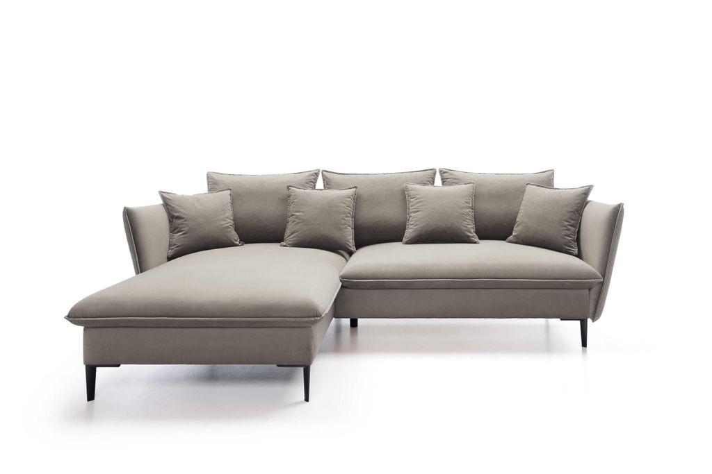 BETTSO ROSSA beige ausklappbares Ecksofa mit Bettzeugablage und Kissen links