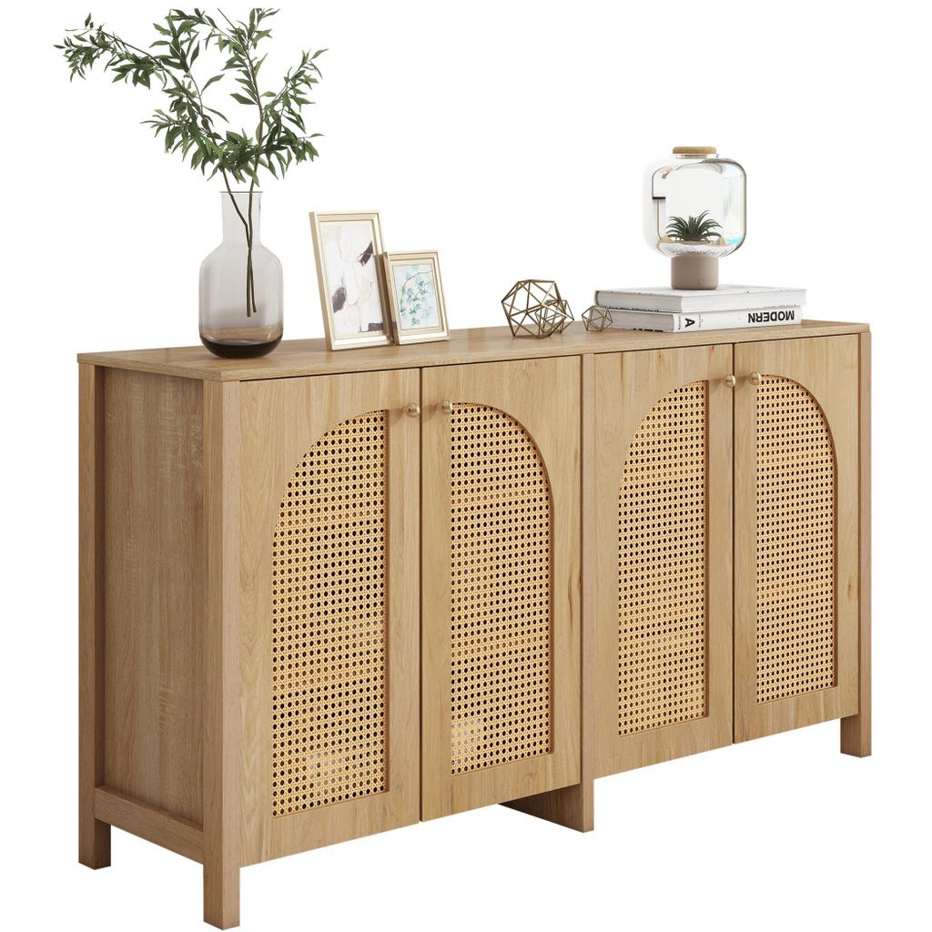 Sideboard Moderne Aufbewahrungsschrank Kommode mit 4 Luftigen Kunst-Rattantüren, 6×Staufächer mit 4 verstellbaren Einlegeböden