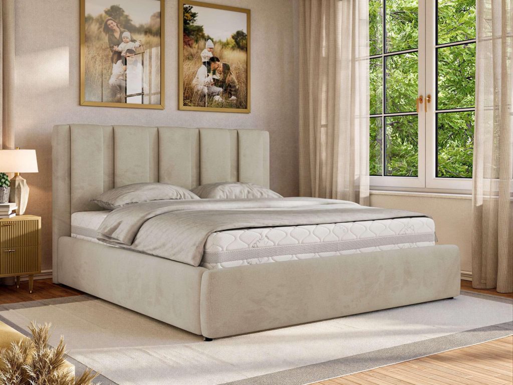 MKS MEBLE Polsterbett SAVINO CLASSIC mit Bettkasten & Stauraum, Doppelbett 160 x 200 cm, Gasdruckfedern, Inkl. Lattenrost, Modernes Ehebett - Beige...