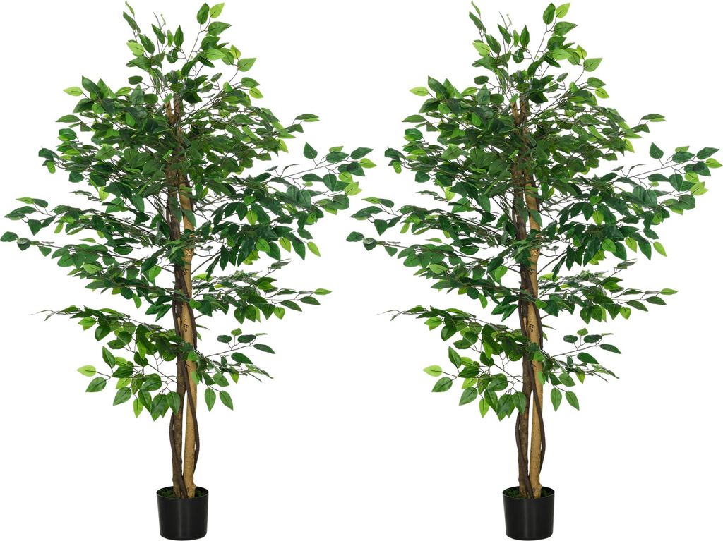 HOMCOM Set mit 2 künstlichen Ficusbäumen, 1,50 m hoch, Stamm, Äste, Ranken, Flechten, Blätter, sehr realistisch, inklusive Topf, für den Innen...