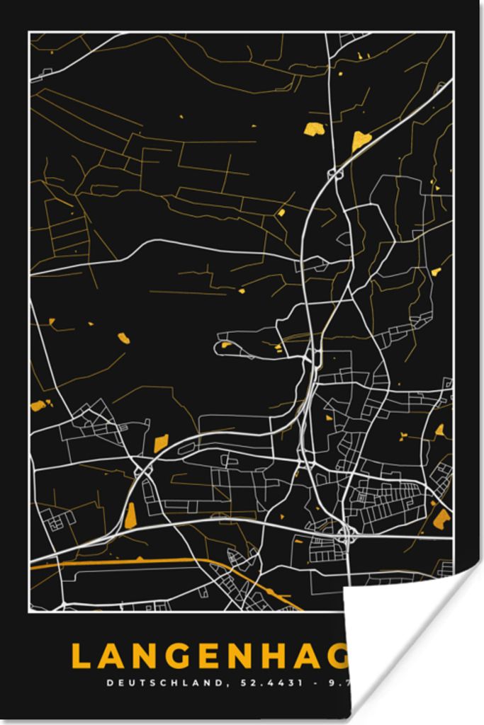 MuchoWow Poster Schwarz und Gold - Stadtplan - Langenhagen - Deutschland - Karte 80x120 cm - Papierdruck