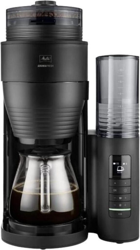 A black Melitta AromaFresh coffee maker with a glass carafe filled with coffee.