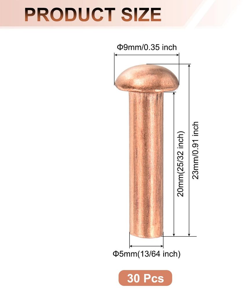 30 Stš¹ck 5mm x 20mm Rundkopf Kupfer Vollnieten Befestigungen