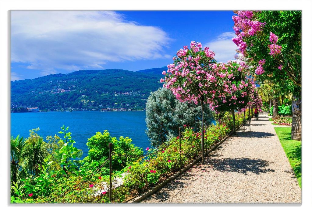 Wallario Frühstücksbrettchen aus Glas 20 x 30 cm mit rutschfesten Füßen, Motiv Blütenpromenade am Seeufer