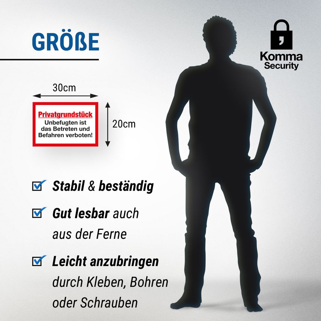 Komma Security Schild 'Privatgrundstück – Betreten Verboten', 30x20 Cm – Witterungsbeständig Für Innen & Außen