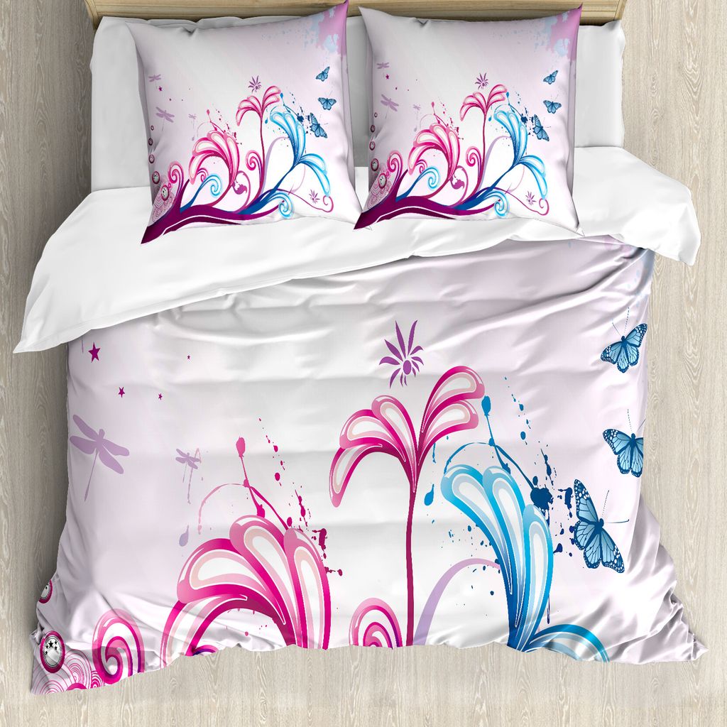 ABAKUHAUS Natur Bettbezug, Frühlings-Style Design, Milbensicher Allergiker geeignet mit Kissenbezügen, 200 cm x 200 cm - 80 x 80 cm, Lila Rosa Hi...