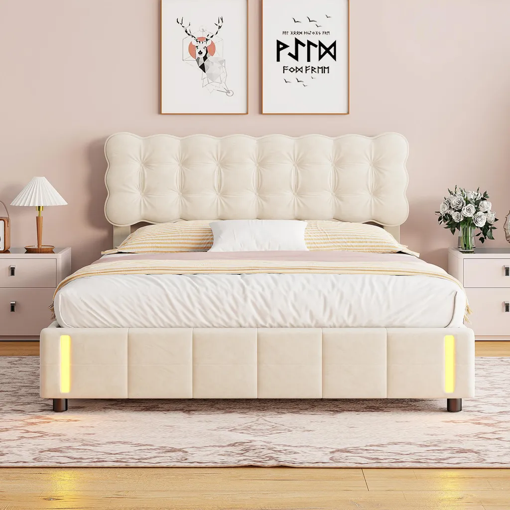 Lit coffre 160x200cm en velours beige avec sommier à lattes et LED