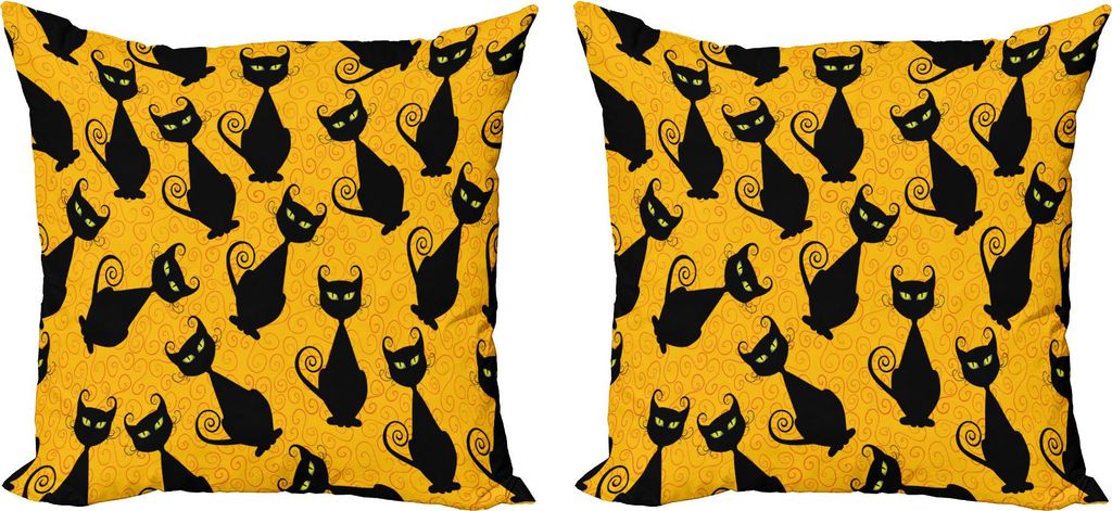 ABAKUHAUS Jahrgang Kissenbezug Set (2Stück), Schwarzes Katzen-Muster für Halloween auf orange Hintergrund-Feier-Grafik-Mustern, 45 x 45 cm, Schwa...