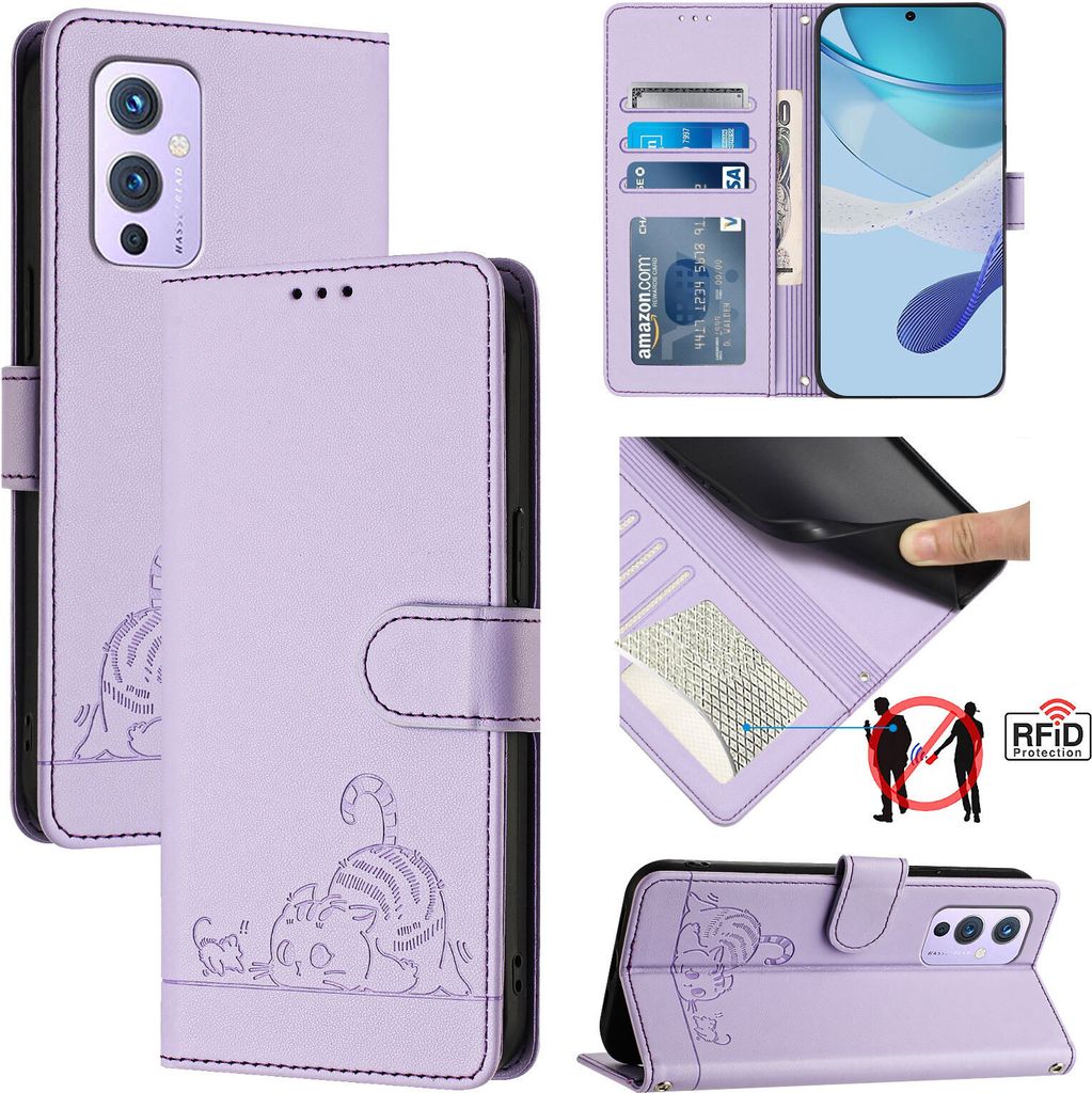 Leder Hülle für OnePlus 9 Süße Katze Flip Case Brieftasche Schutzhülle mit Standfunktion Lila