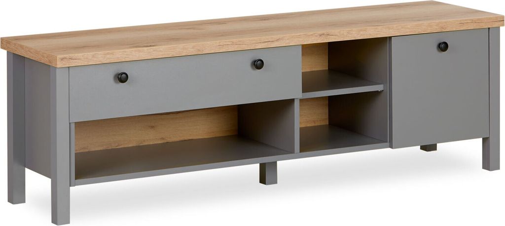 Homestyle4u TV Board Grau TV-Schrank Lowboard TV-Bank Sideboard Holz Natur Stauraum