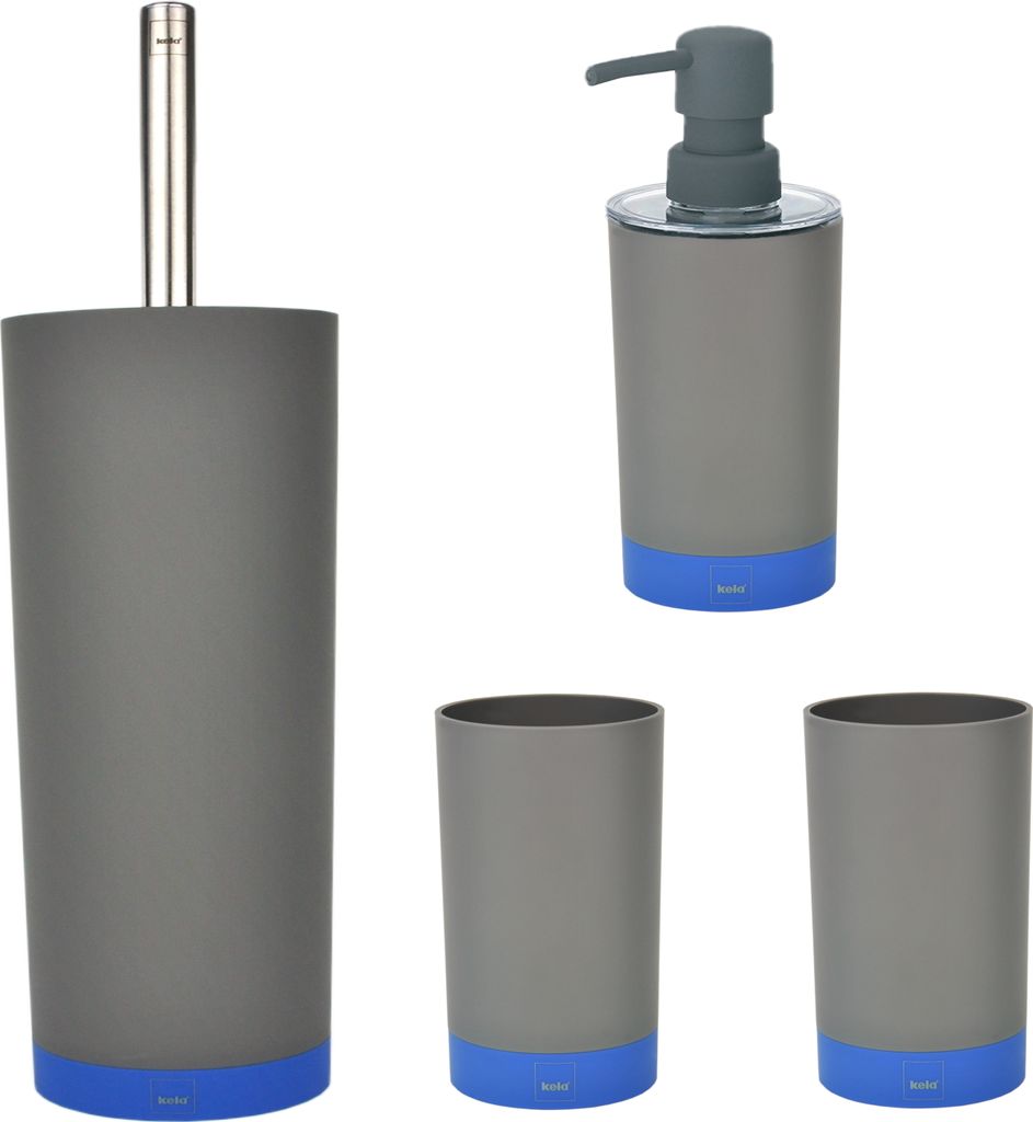 4-tlg. Badezimmer-Set Coletta grau-blau, WC-Garnitur + Seifenspender + 2 Zahnputzbecher / 20183 + 20182 + 2x 20181