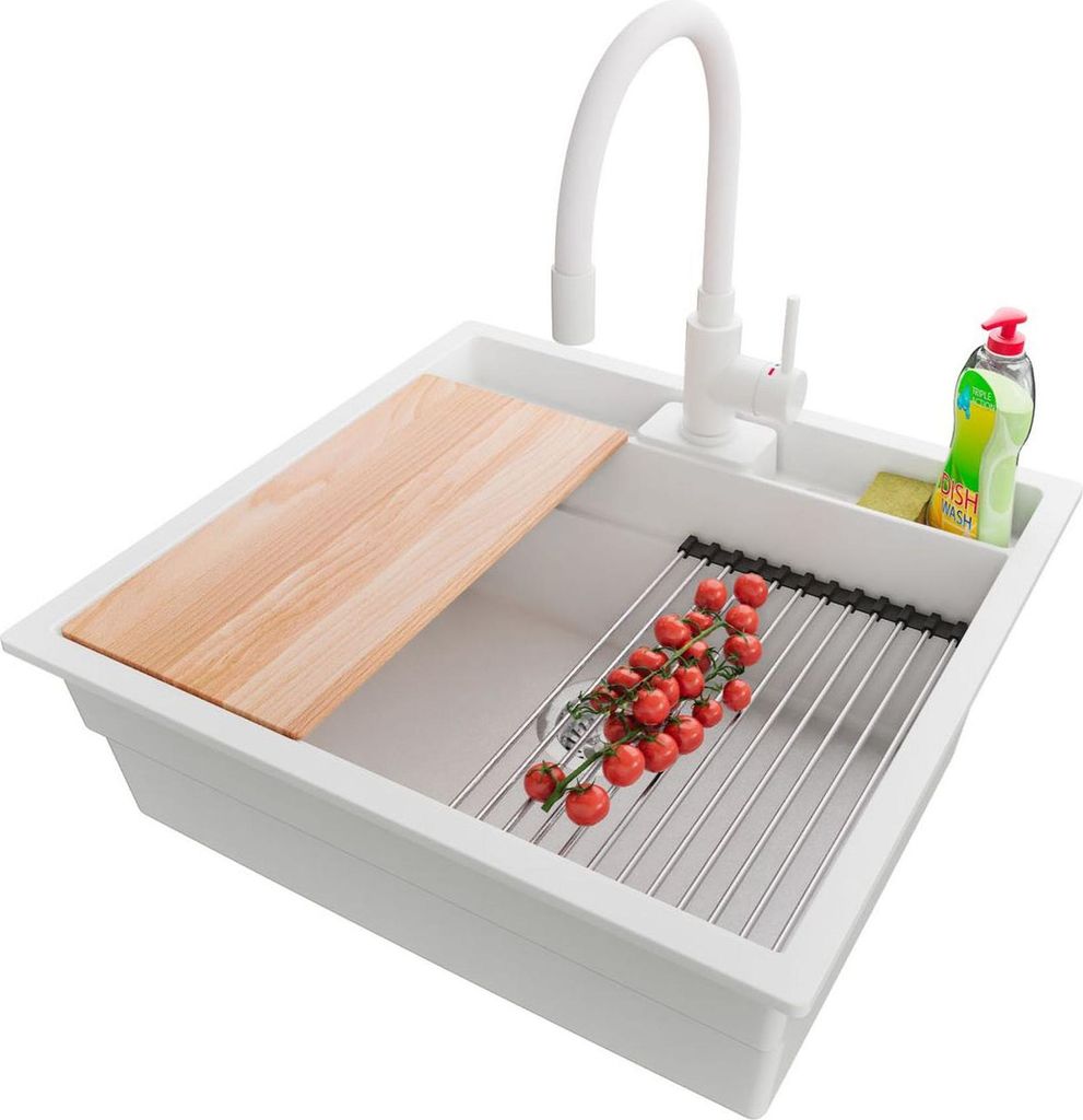PRIMAGRAN Granitspüle Weiß 56x54cm, Spülbecken 1 Becken + Ablauf-Set + Küchenzubehörset, Küchenspüle ab 60er Unterschrank - Bergen Pocket