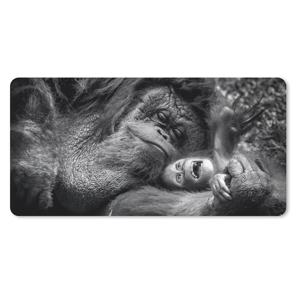 MuchoWow Mauspad Mousepad Liebender Orang-Utan mit Jungtier in Schwarz und Weiß 60x30 cm - Mousepads - Maus Mat - Pad - Mausunterlage - Nachhaltig
