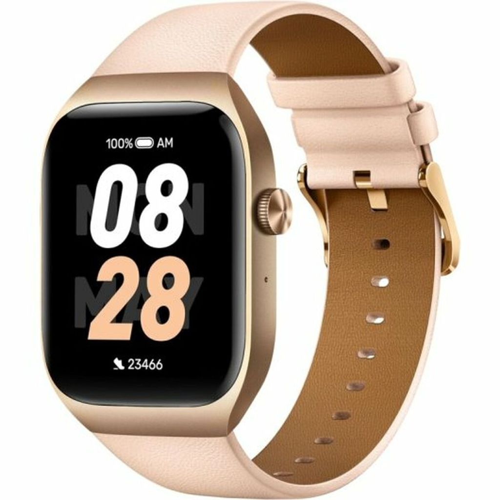 A smartwatch with a pink leather strap and gold casing is shown against a white background. The watch face displays the time '08:28' and battery status.