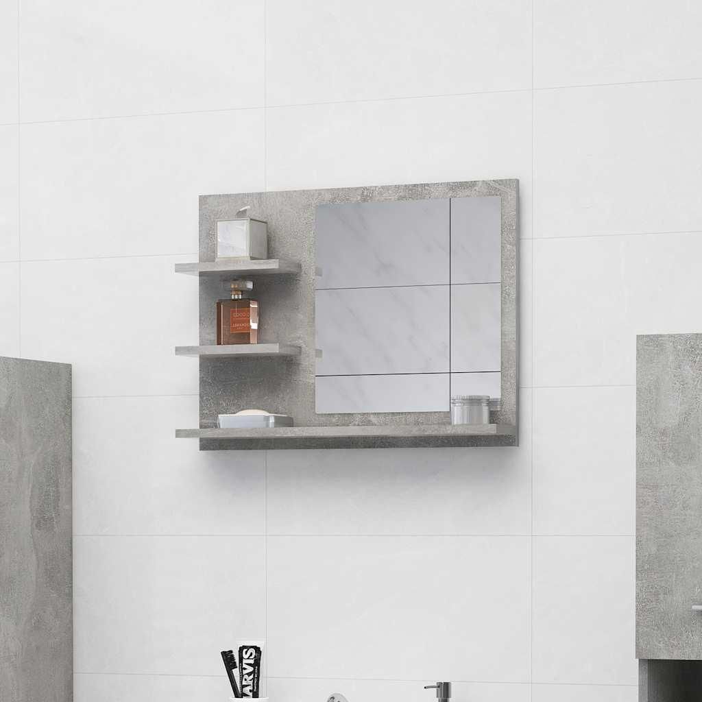 A bathroom mirror with shelves mounted on a tiled wall.