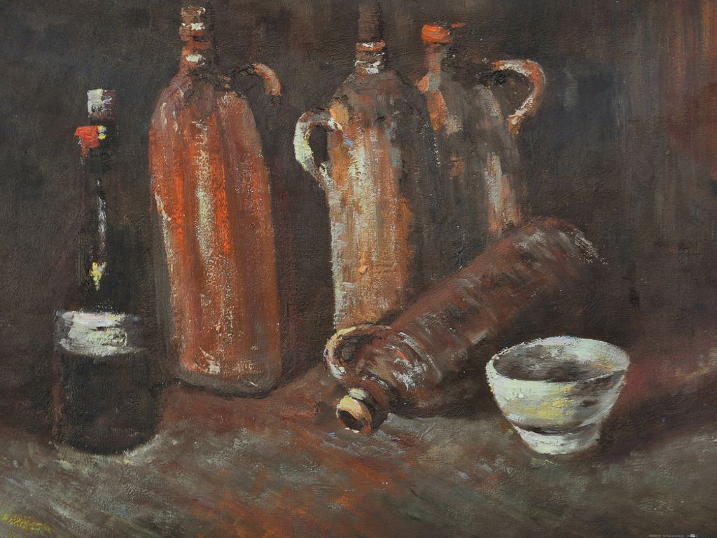 Vincent Van Gogh Kunstdruck Bild - Stillleben Mit Vier Krügen, Flasche Und Weißem Napf, 1884 (60 x 80 cm)