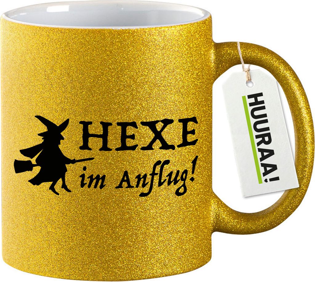 Huuraa Glitzertasse Hexe im Anflug 330ml Gold Keramik Kaffeebecher Geschenkidee