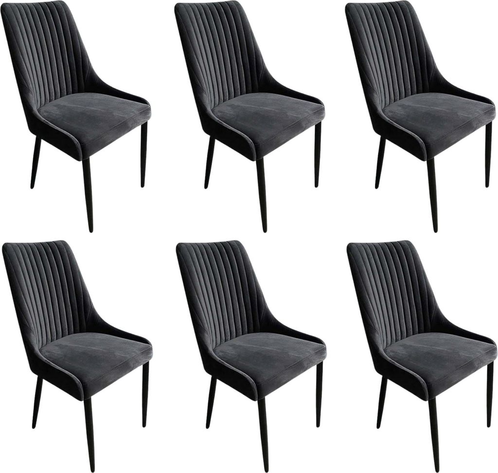 Meble Ares 6er Set Esszimmerstühle MASSIMO - 48 x 52 x 100 cm Esstisch Stühle - Stühle Esszimmer, Buchenholz, Samt Dunkelgrau, Metal