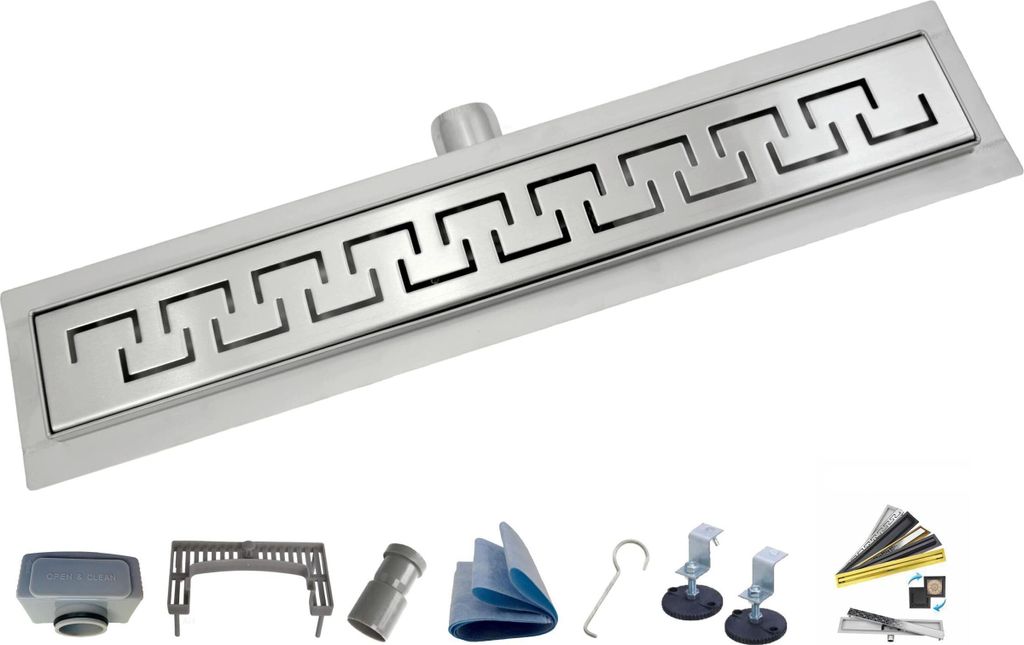 AQUA HEATING Griechisch linearer Edelstahl-Bodenablauf superflach Einbauhöhe 54mm Komplettset Badezimmer mit bodengleicher Dusche, Duschrinne Abla...
