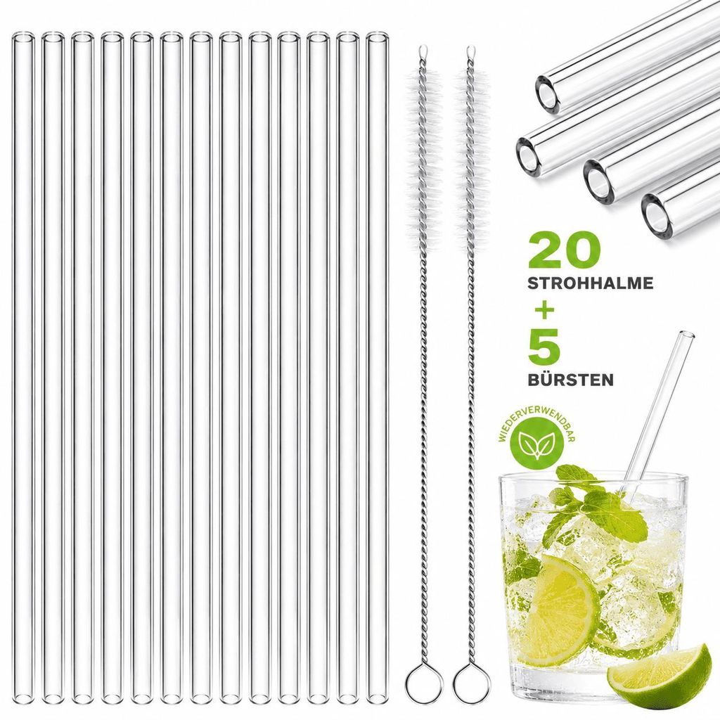 20 Glas Strohhalme + 5 Bürsten Trinkhalme Glashalme Produktbild 