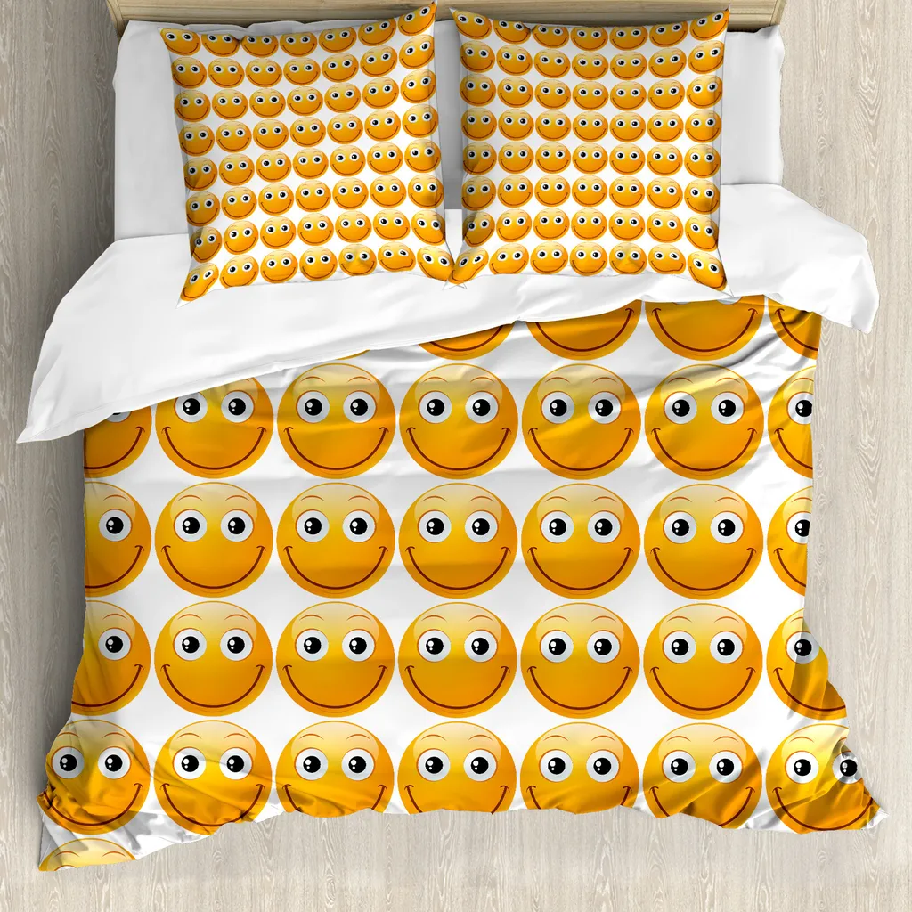 ABAKUHAUS Copripiumino con emoticon, volto felice e amorevole Mood, antiacaro, adatto a chi soffre di allergie, con federe, 155 cm x 220 cm - 80 x 80 cm, giallo