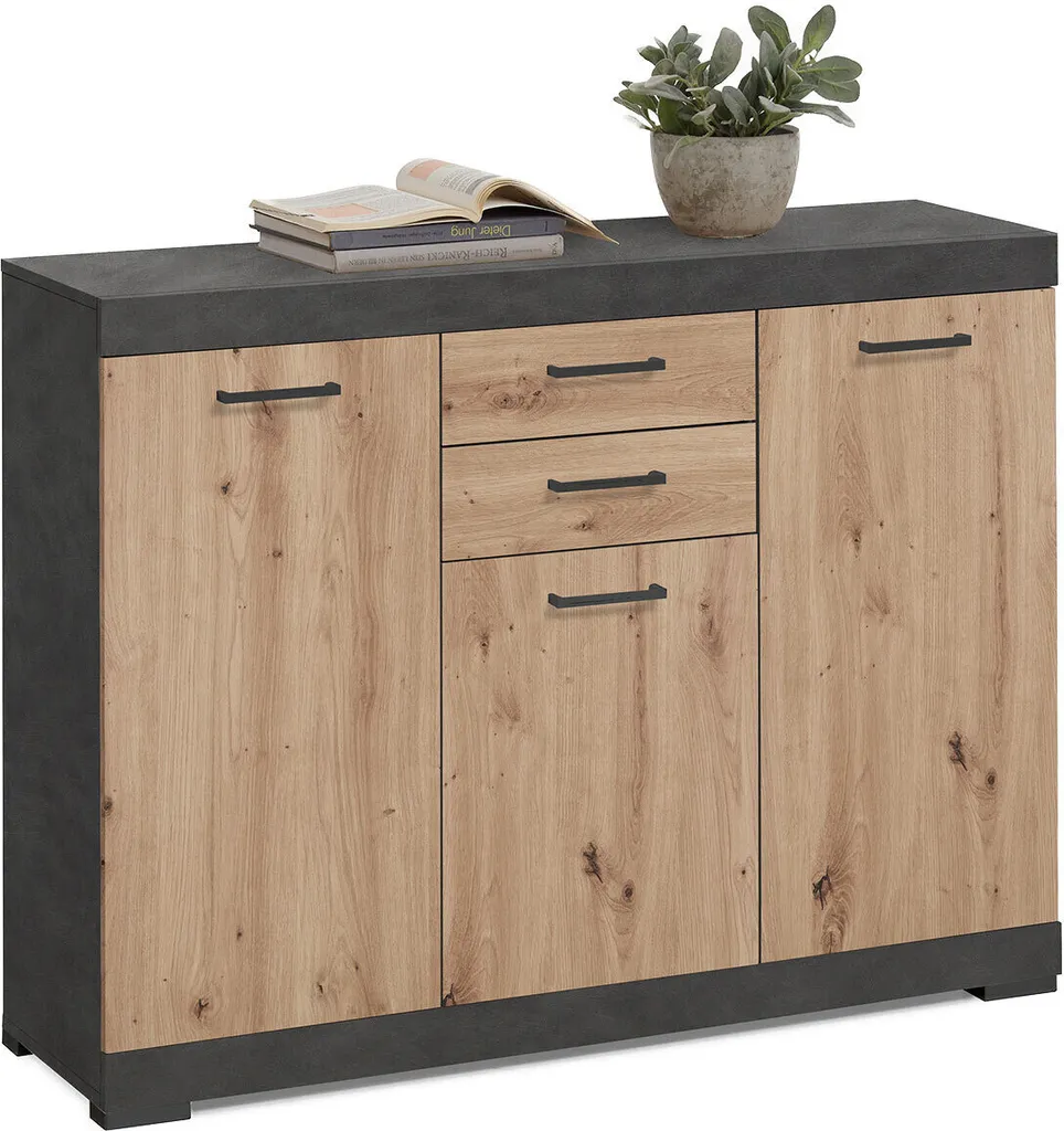 Buffet bas de rangement bicolore gris Matera et chêne de 120 cm