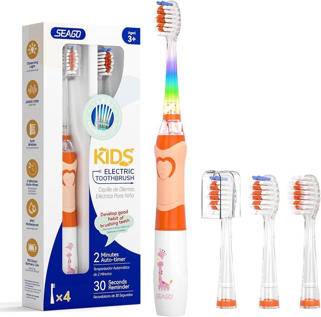 Elektrische Zahnbürste Kinder ab 3 Jahren mit bunten LED Licht, 4 Aufsteckbürste, Smart Timer, Wasserdicht IPX7 Zahnbürste mit Timer