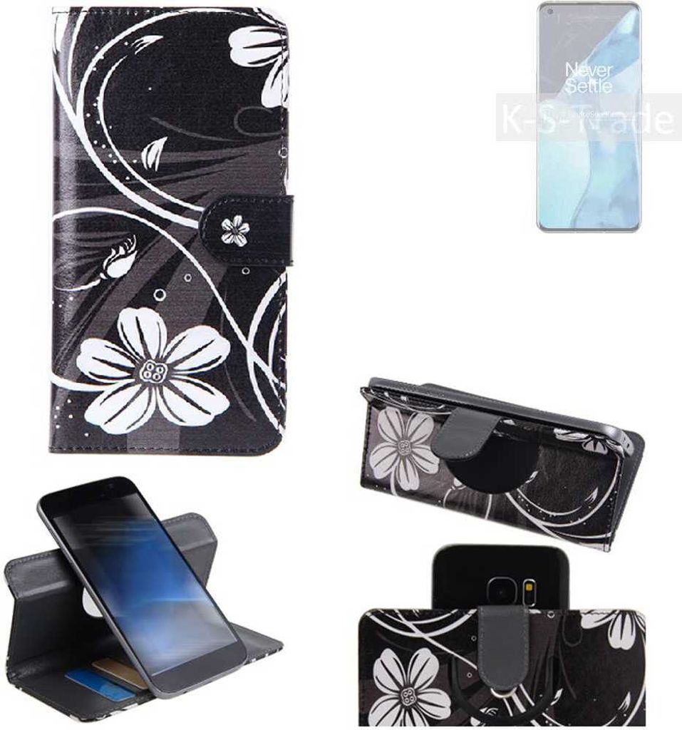 K-S-Trade Schutzhülle Handyhülle kompatibel mit OnePlus 9 Pro Hülle 360° Wallet Case ''Flowers'' Klapphülle Hülle schwarz-weiß 1x