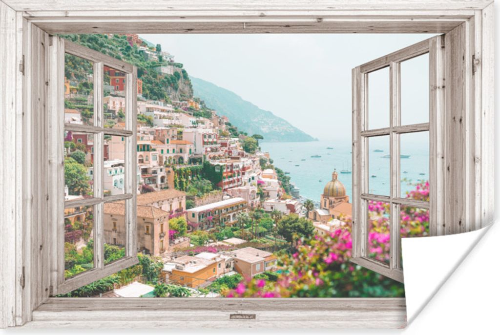 MuchoWow Poster Ausblick - Italien - Blumen - Meer - Küste - Stadt - Berge 90x60 cm - Schlafzimmer
