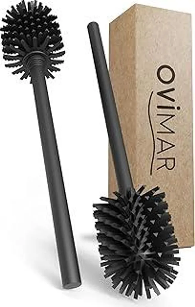 Spazzola di ricambio Lindoya | Set di 2 manici e 2 testine | Nero | Impugnatura in acciaio inossidabile | Spazzola per WC con testina in silicone nera, sostituibile | Adatta per recipienti con Ø 7,5-8,5 cm