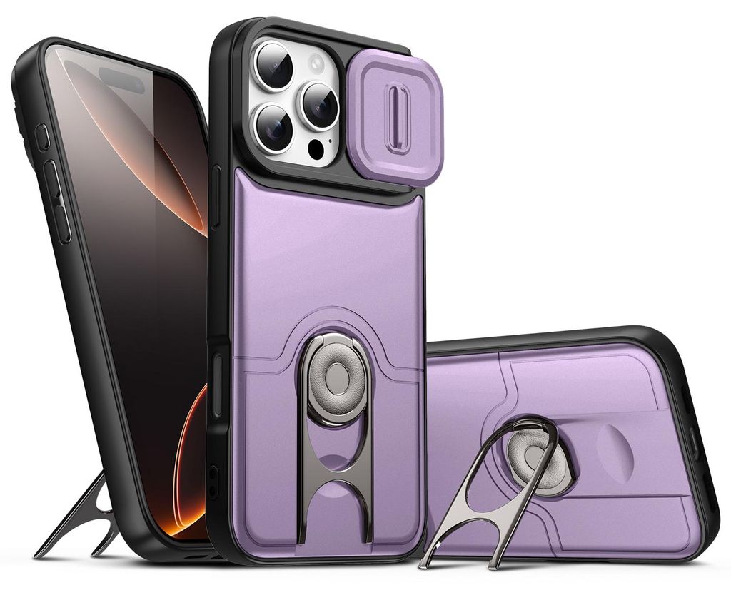 Handyhülle für iPhone 15 Pro Max mit Dia Kameraschutz und Ringhalter Ständer, Stoßfeste Hybrid Schutzhülle Lila